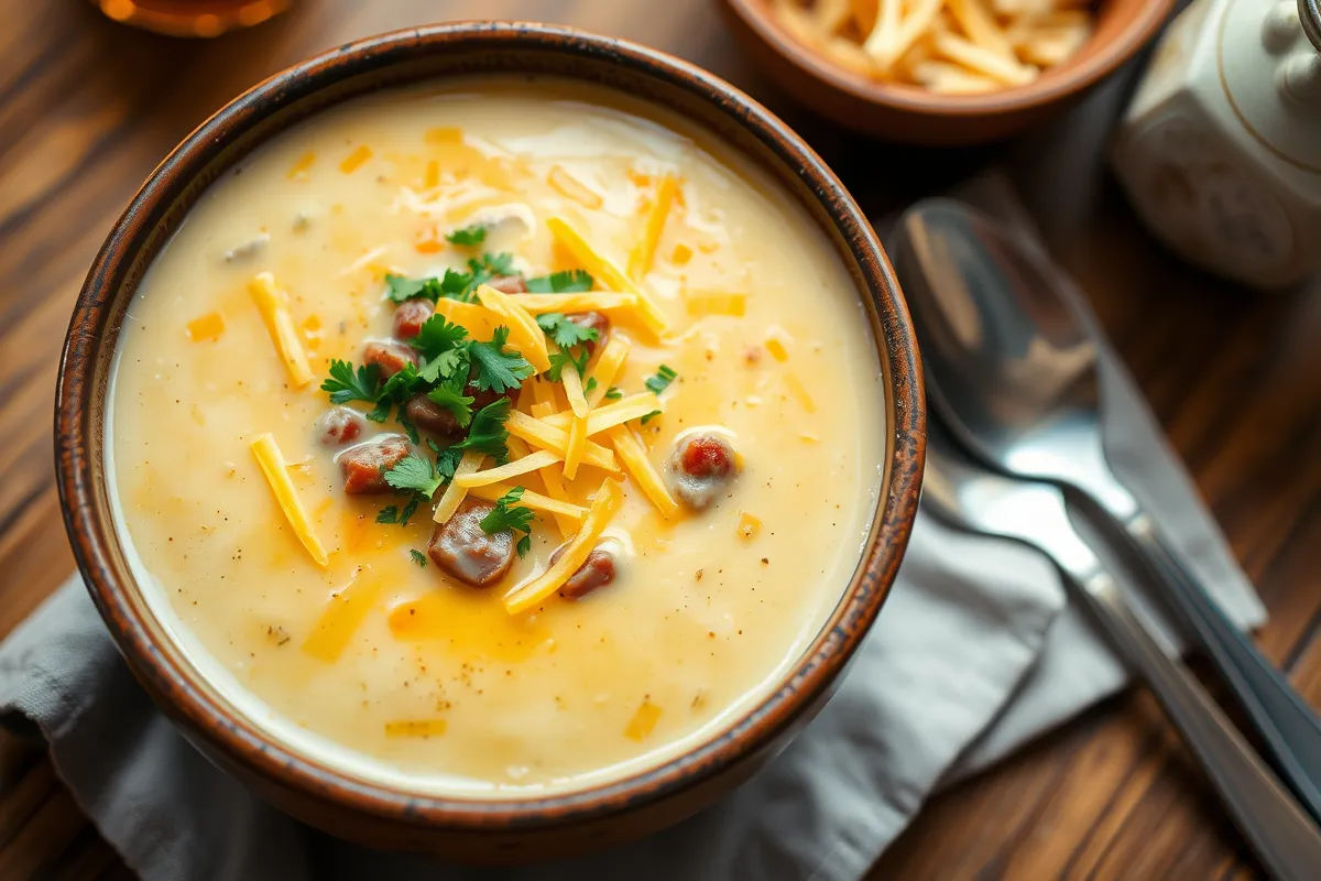 Steaming bowl of creamy hamburger potato soup garnished with parsley and cheddar cheese.