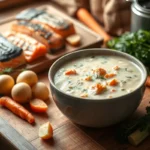 A steaming bowl of creamy salmon chowder surrounded by fresh ingredients.