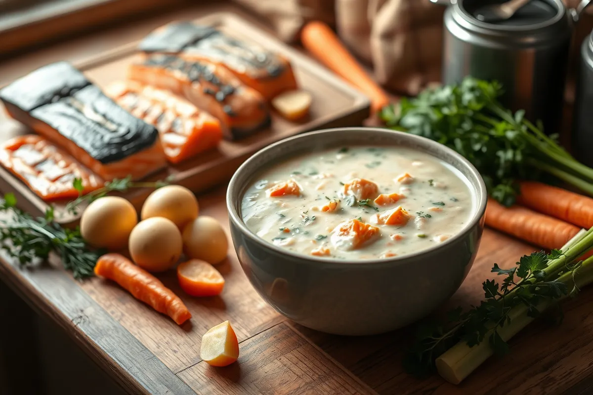 A steaming bowl of creamy salmon chowder surrounded by fresh ingredients.