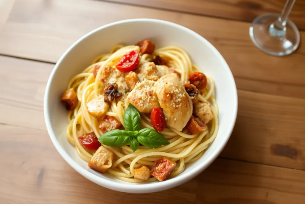 A creamy Marry Me Pasta dish garnished with fresh basil.