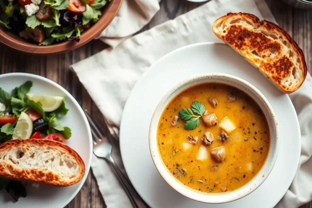 Bowl of hamburger potato soup served with crusty bread and a side salad.