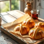 Freshly baked Gipfeli on a rustic wooden table with coffee and jam.