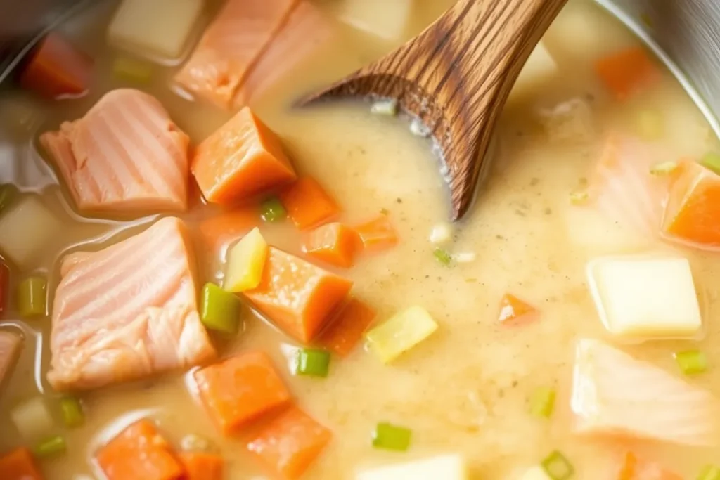 Cooking salmon chowder with fresh ingredients simmering in a pot.