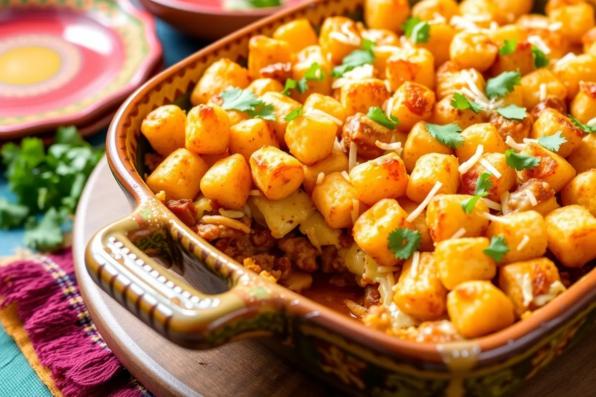 Taco tater tot casserole topped with crispy tater tots and melted cheese.