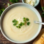 A bowl of creamy potato soup garnished with parsley and cheese on a rustic table.