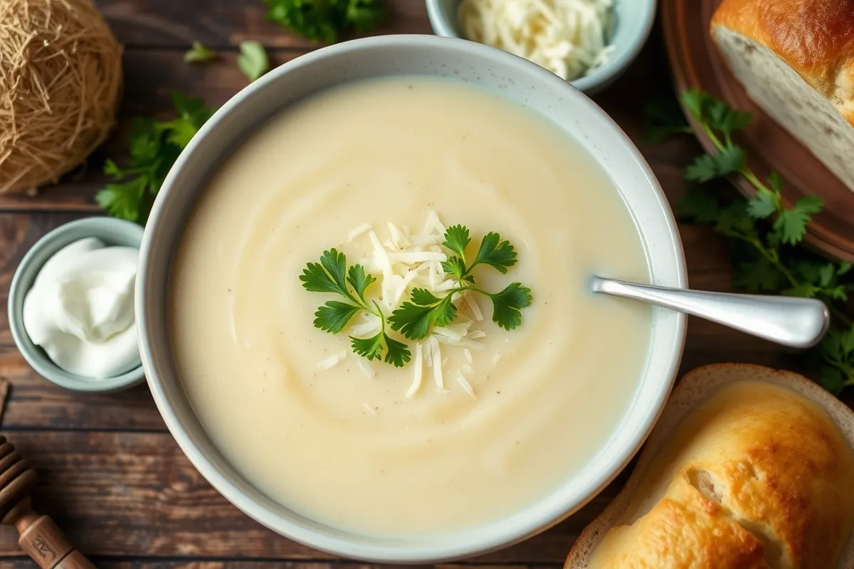 A bowl of creamy potato soup garnished with parsley and cheese on a rustic table.