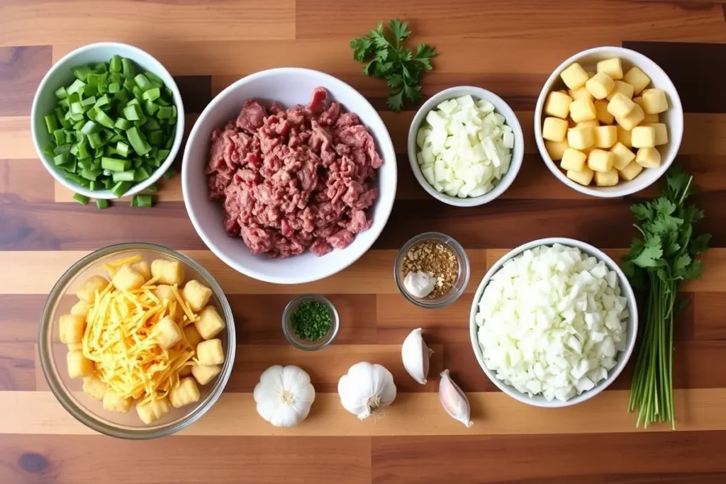  Ingredients for taco tater tot casserole on a kitchen countertop.