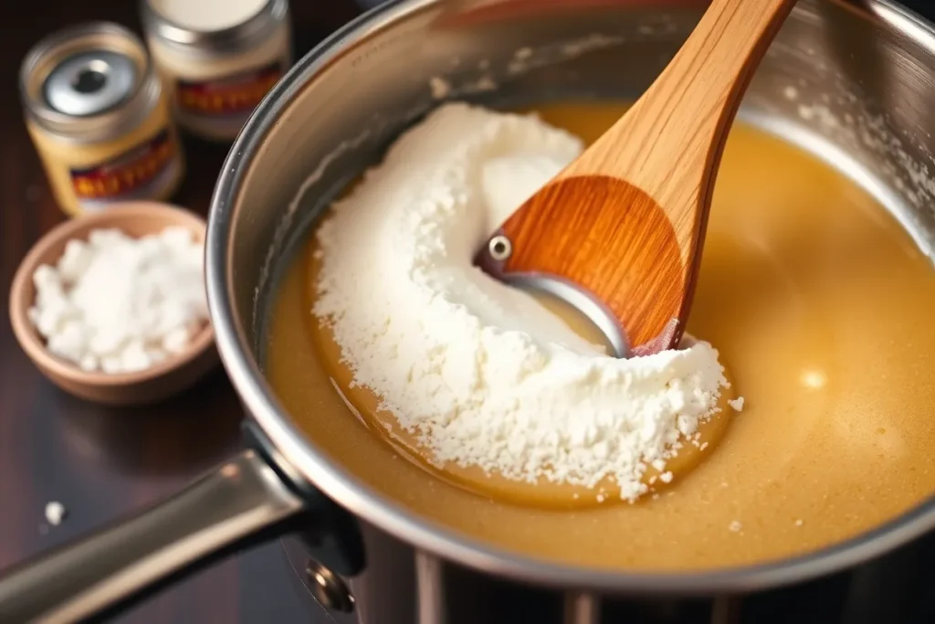 A saucepan with golden roux being stirred for thickening soup.