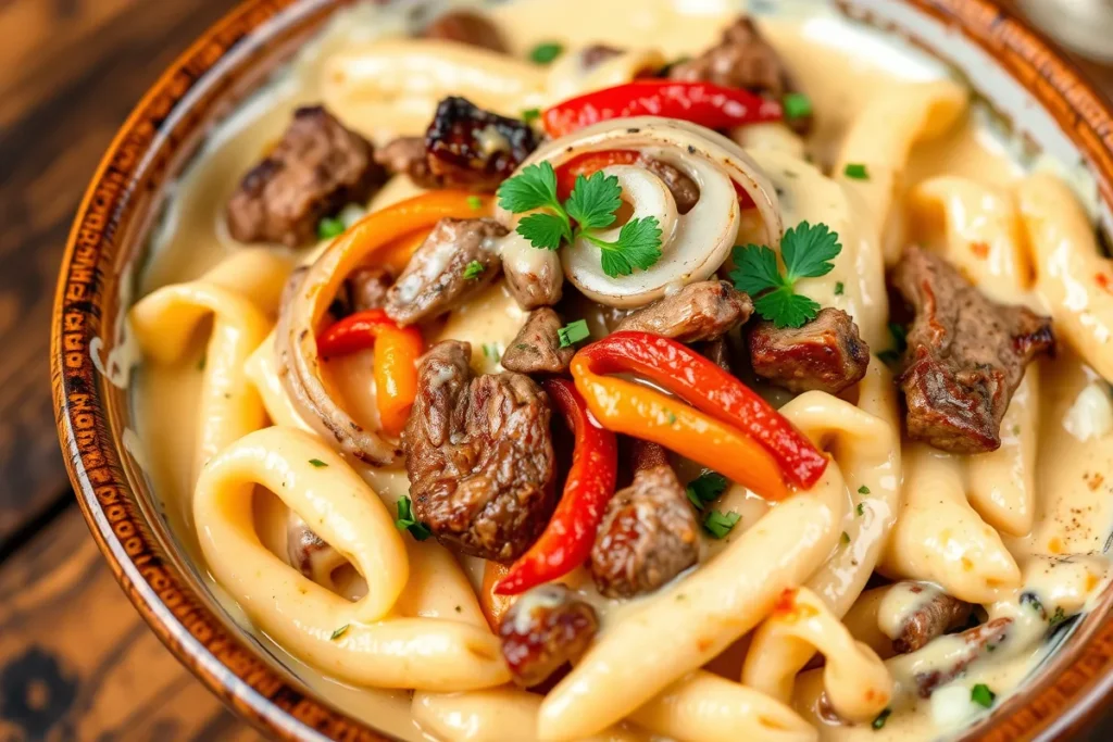 Philly cheesesteak pasta with steak, cheese sauce, and vegetables.