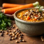 Black-eyed pea soup served in a rustic bowl with fresh ingredients.