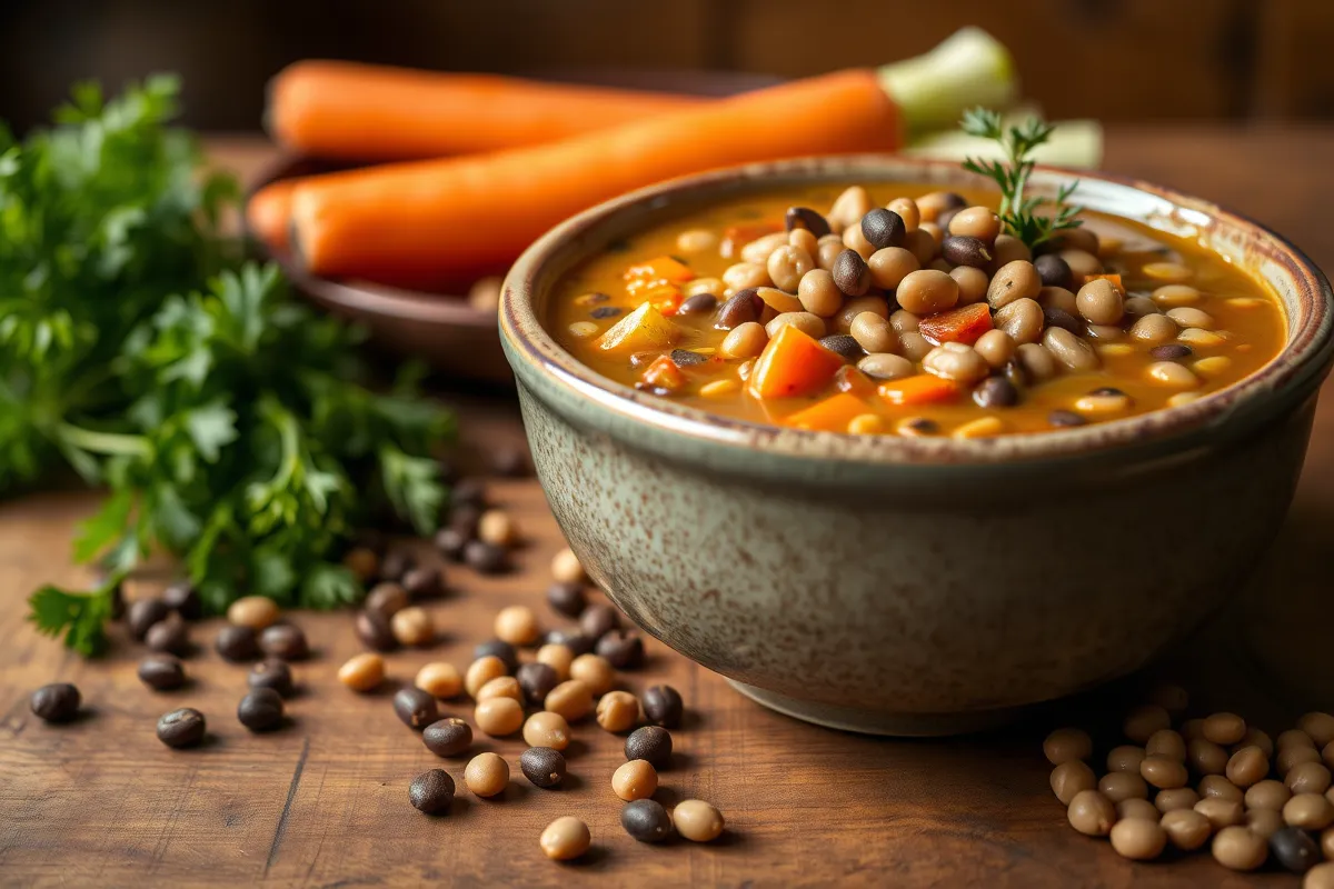 Black-eyed pea soup served in a rustic bowl with fresh ingredients.