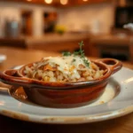 A serving of French Onion Soup Rice topped with cheese and fresh thyme in a rustic dish.