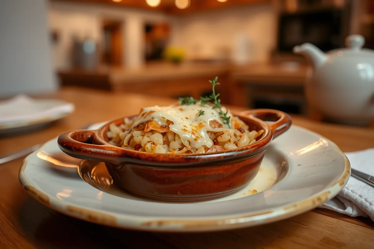 A serving of French Onion Soup Rice topped with cheese and fresh thyme in a rustic dish.