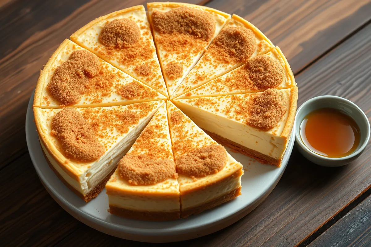 Churro cheesecake with cinnamon-sugar topping served on a wooden table.