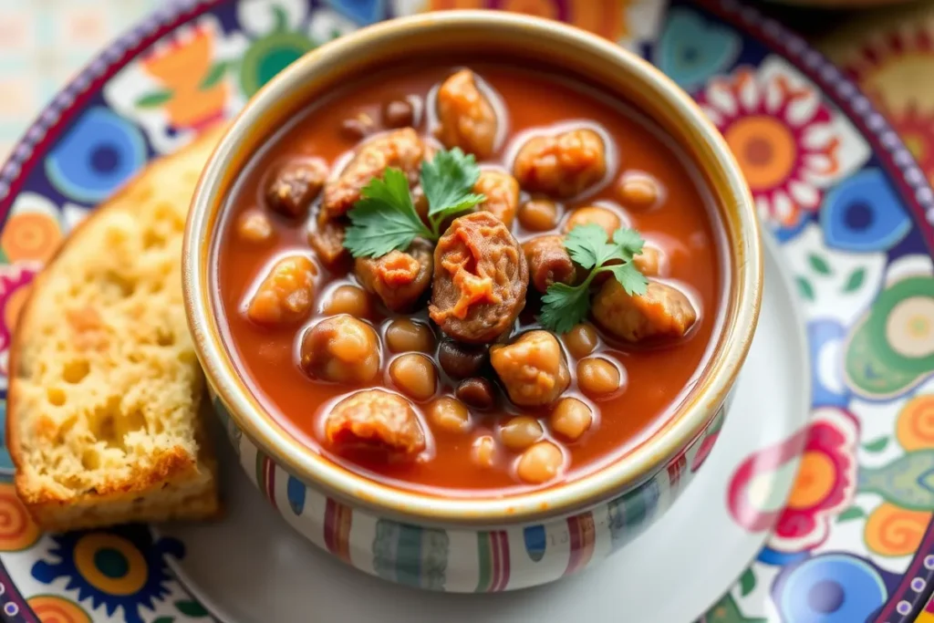 Spicy Cajun-style black-eyed pea soup with sausage and cornbread.