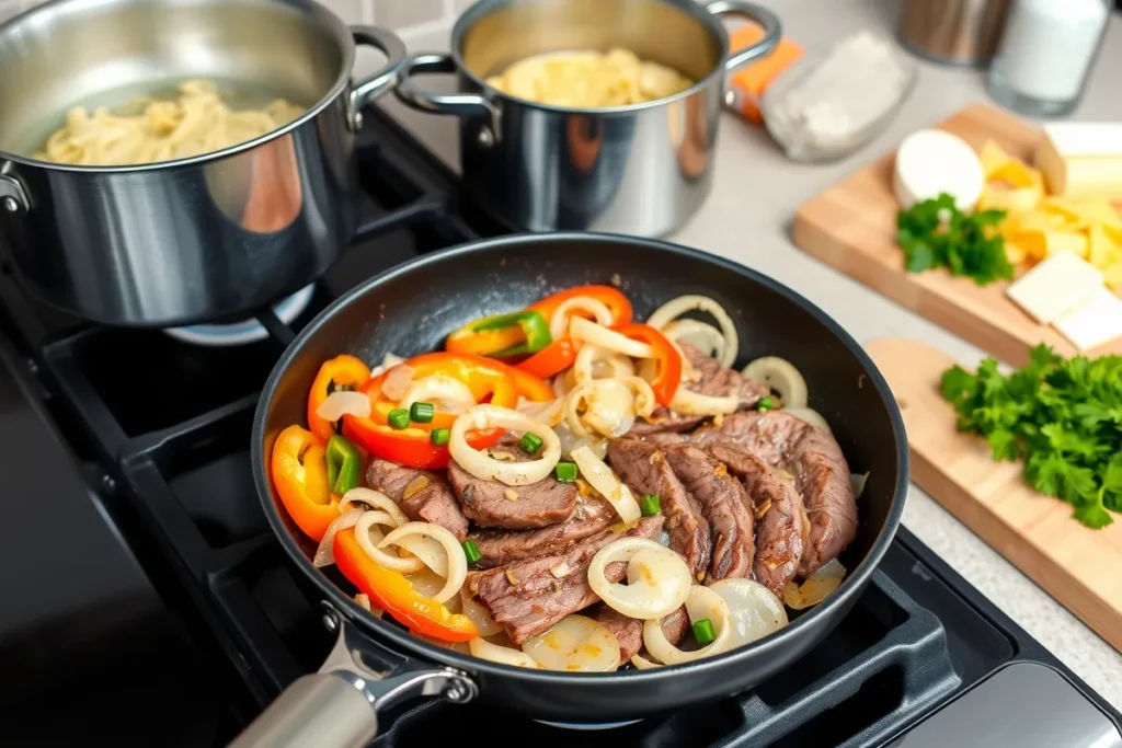 Cooking steak, onions, and bell peppers for Philly cheesesteak pasta.