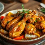 Smothered turkey wings served with savory gravy and vegetables.