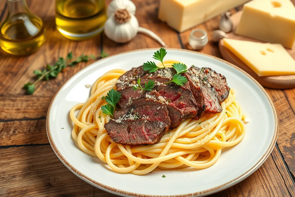 Plated steak pasta with creamy Alfredo sauce, garnished with parsley and mozarella.