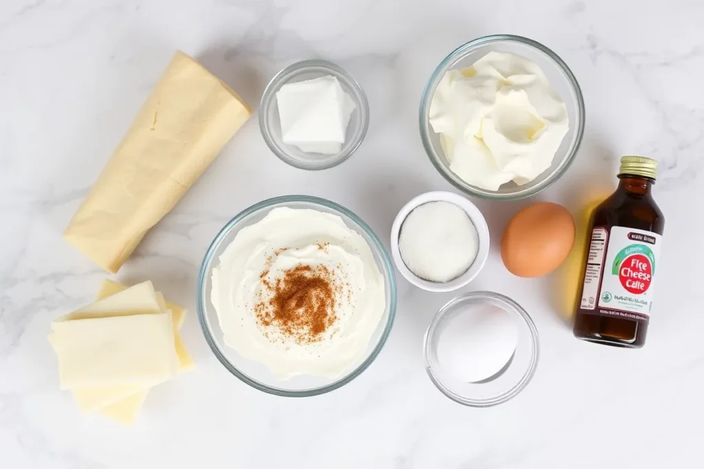 Ingredients for churro cheesecake on a marble countertop.