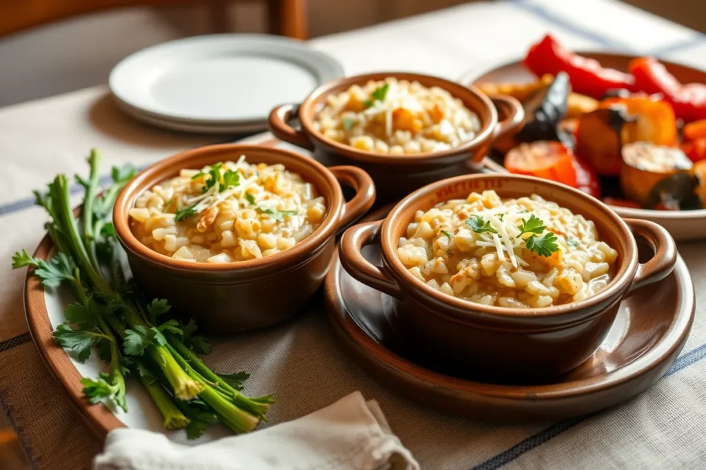 French Onion Soup Rice served in ramekins with roasted vegetables.