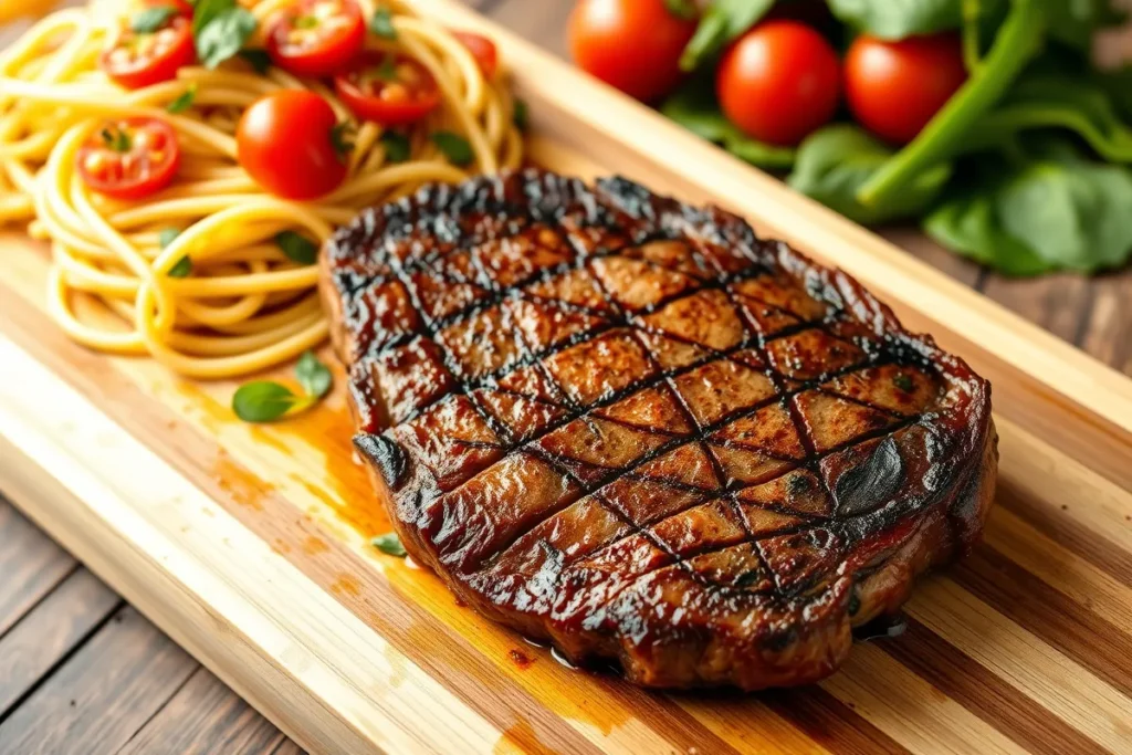 Chef slicing ribeye steak with pasta and vegetables in the background.