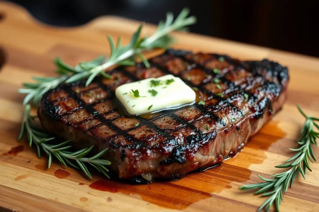 Close-up of a steak being seasoned with salt, pepper, and fresh herbs.