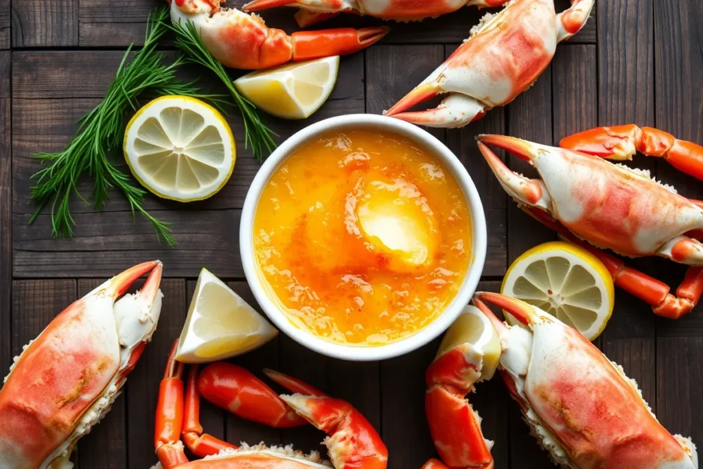 Golden caramelized crab brûlée in a ramekin, surrounded by fresh crab claws, lemon slices, and dill on a rustic wooden table