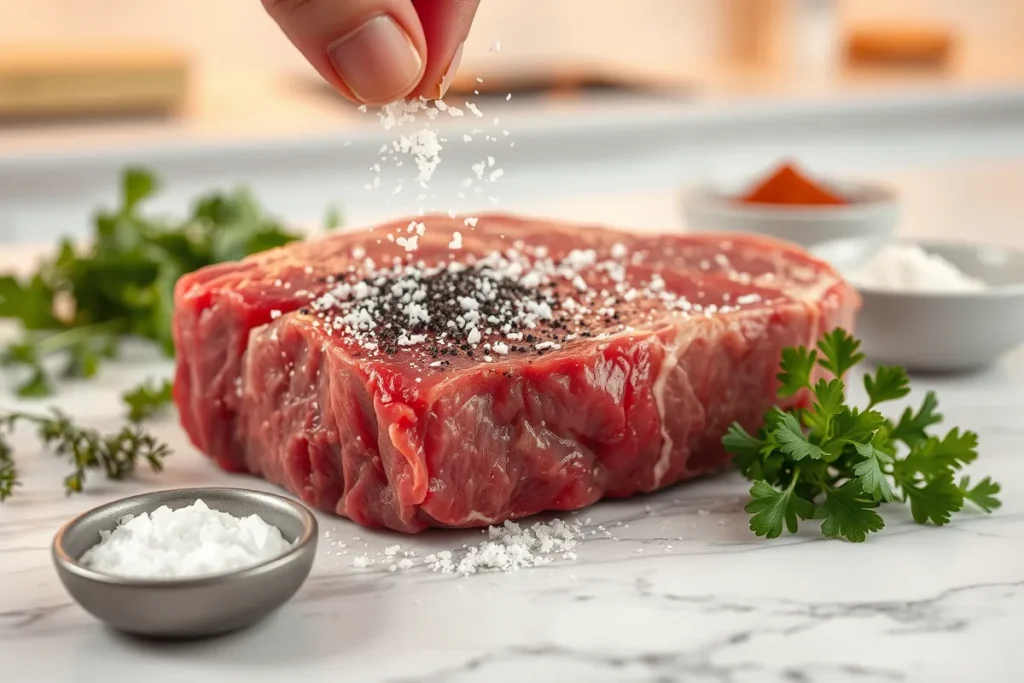 Close-up of a steak being seasoned with salt, pepper, and fresh herbs.