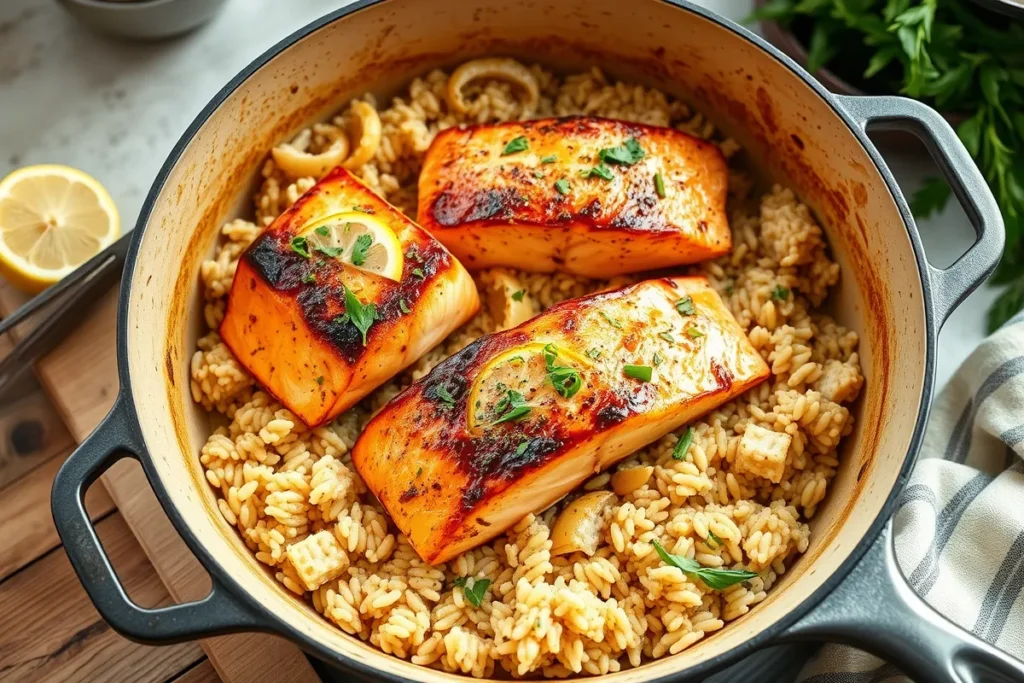 One-pot salmon and rice cooked in a skillet