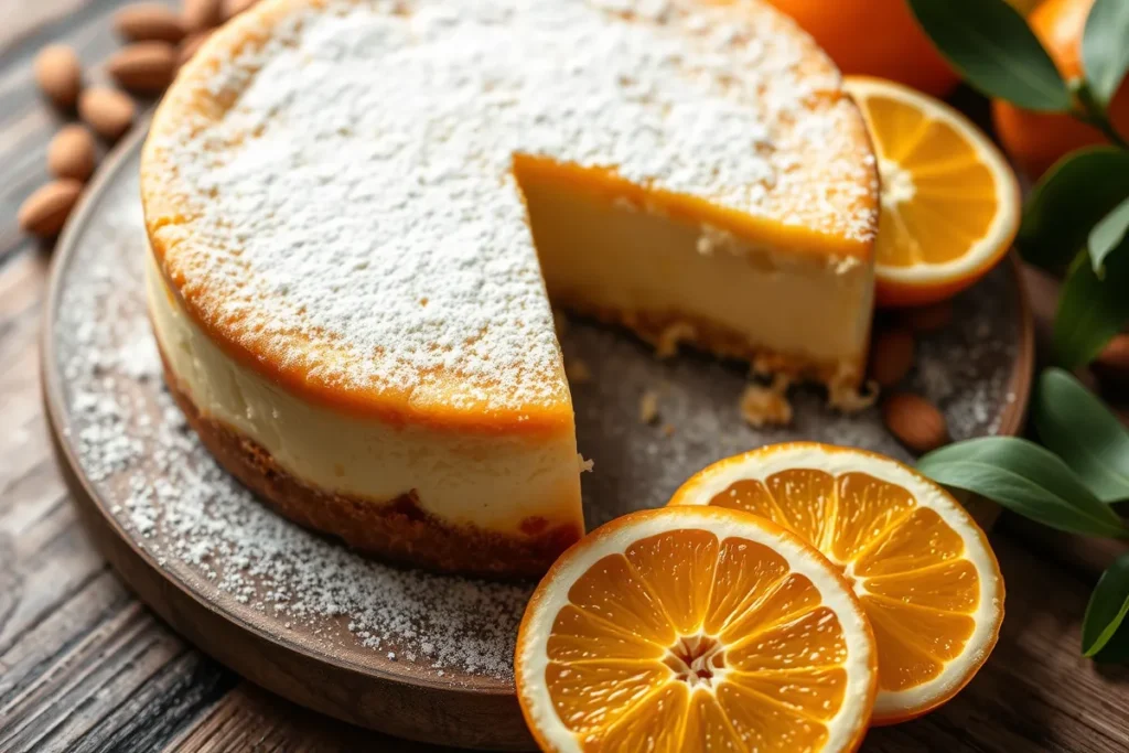 Sicilian cheesecake with powdered sugar and orange slices.