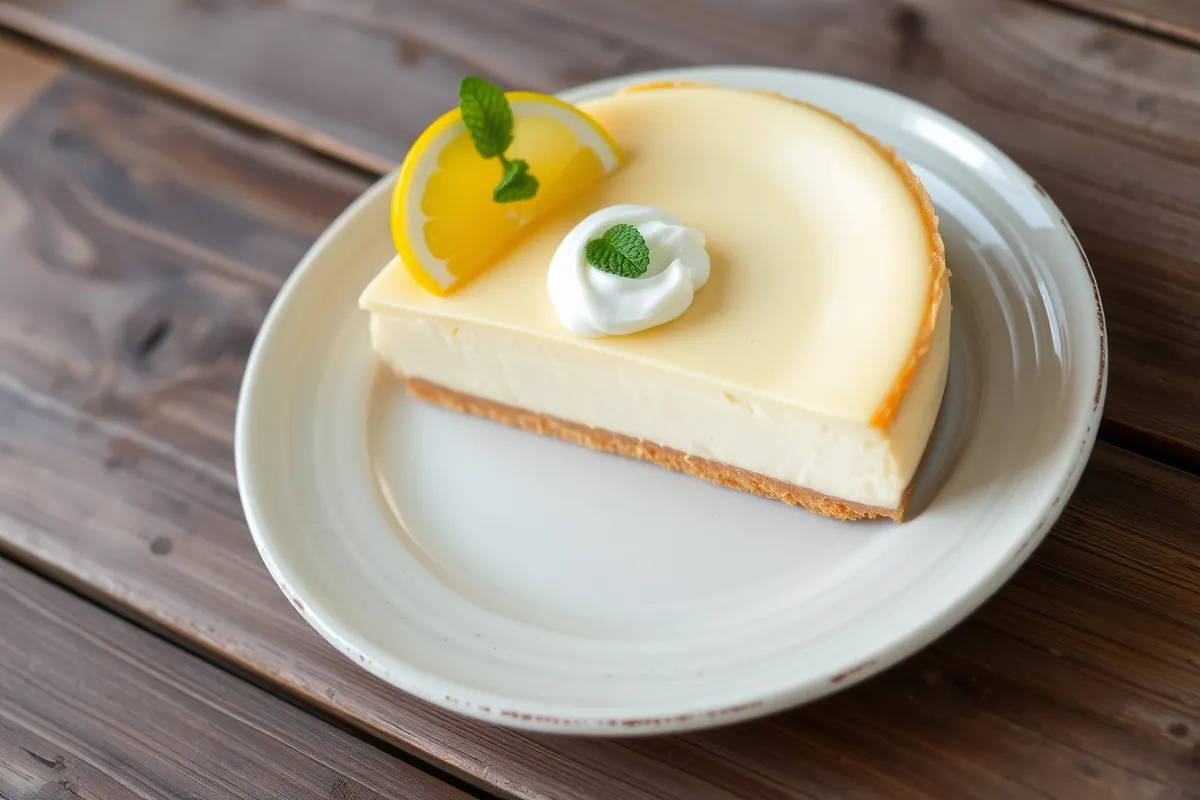 Classic cheesecake with sour cream topping on a wooden table.