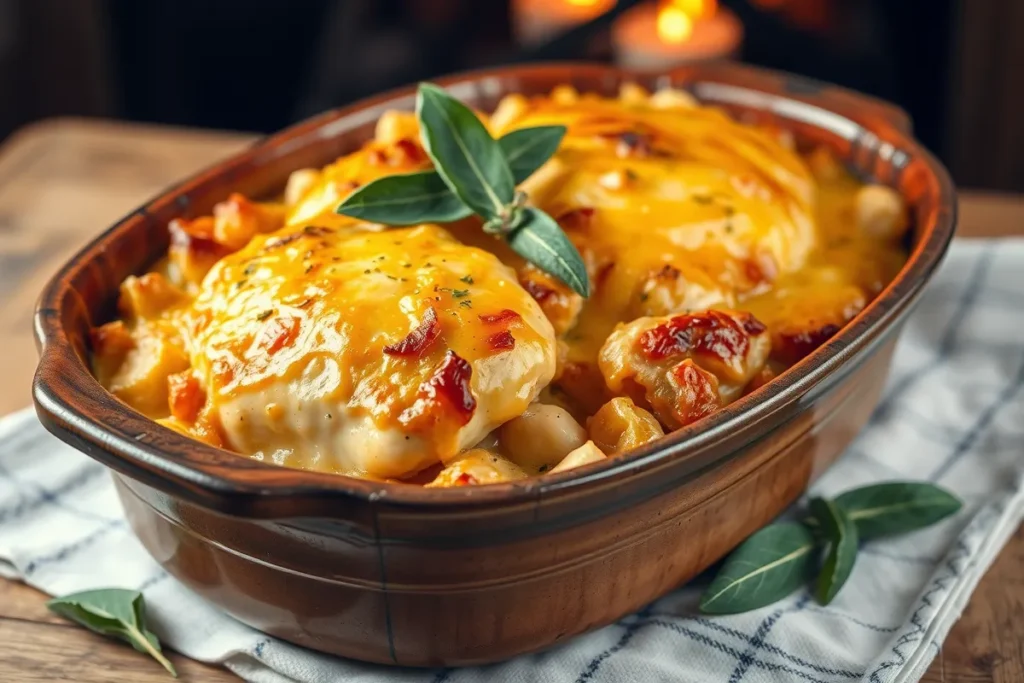 Golden-baked chicken dressing garnished with sage in a casserole dish on a holiday table.