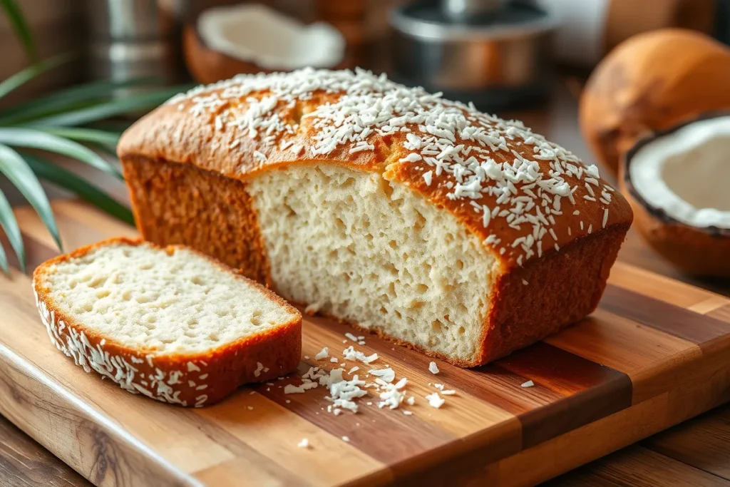 A freshly baked loaf of coconut bread with shredded coconut garnish on a wooden board