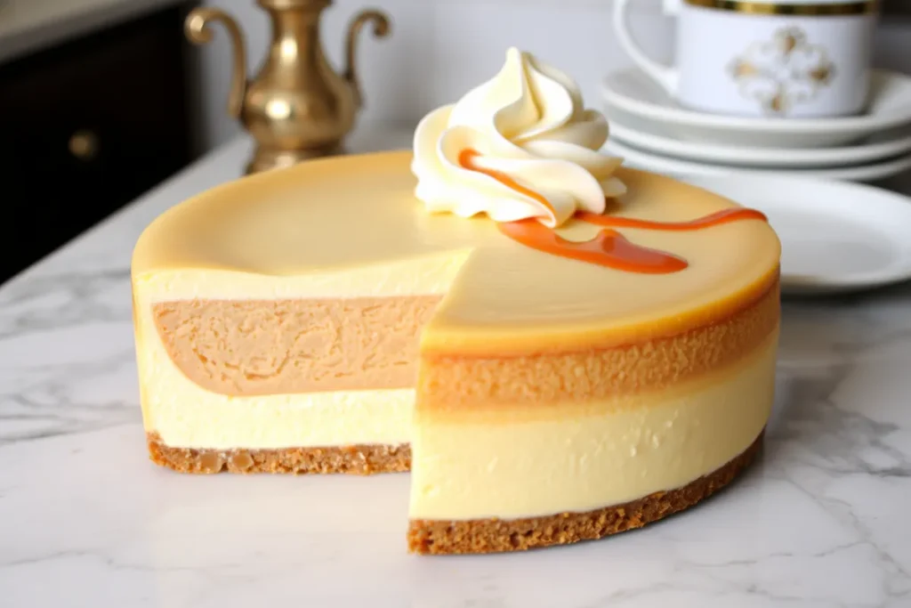 Layered cheesecake with sour cream and whipping cream topped with caramel drizzle.