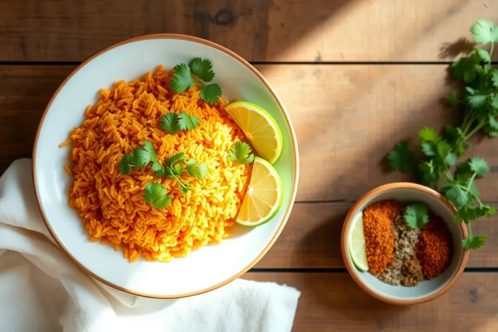 A bowl of red rice garnished with cilantro and lime.