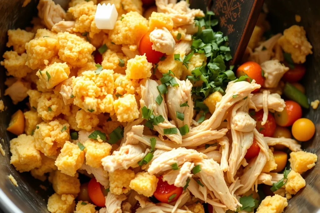 Ingredients for chicken dressing being mixed in a large bowl, featuring cornbread, chicken, and vegetables.