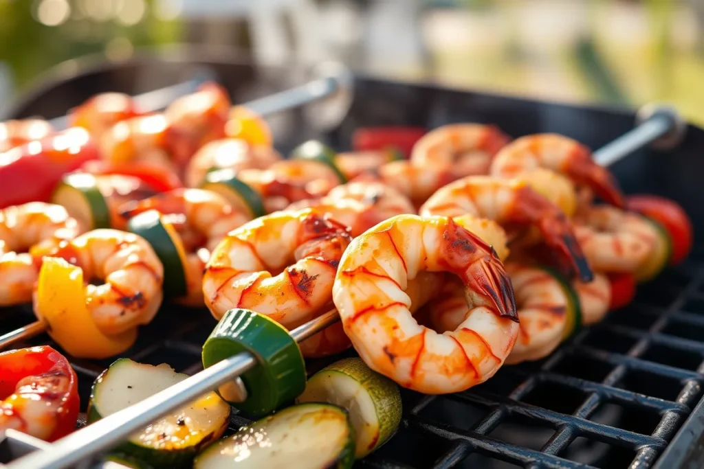 Close-up of barbecued shrimp skewers on a grill with vegetables.