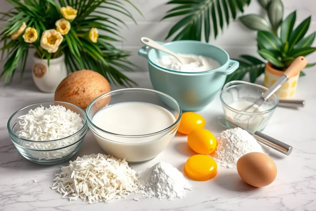 Ingredients for making coconut bread displayed on a marble countertop.