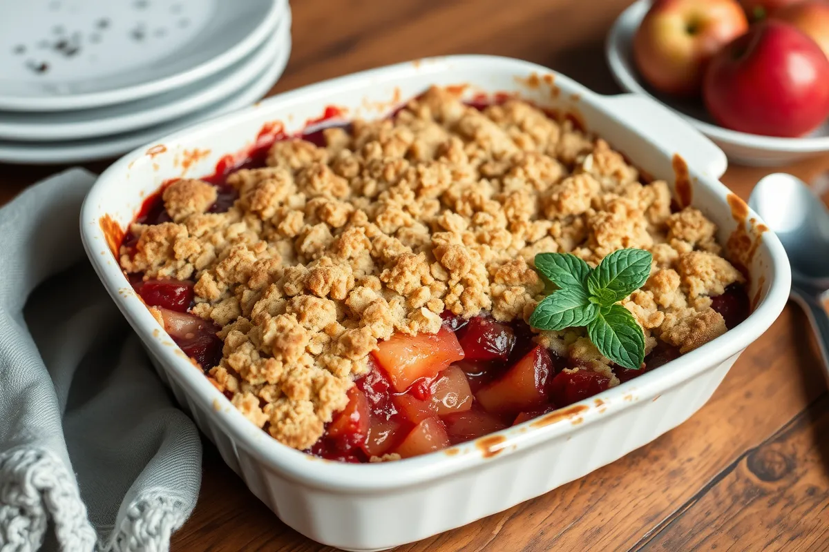 Golden-brown crumble in a ceramic dish with bubbling fruit filling