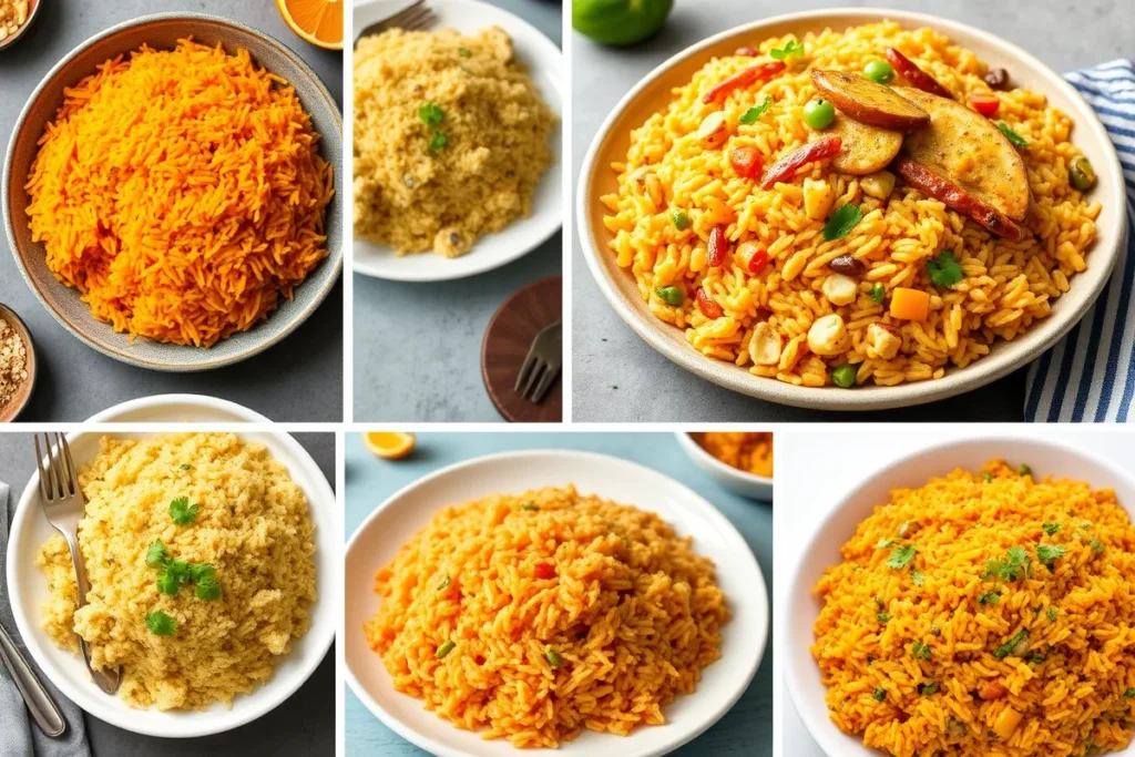 A collage of red rice dishes from various cuisines.