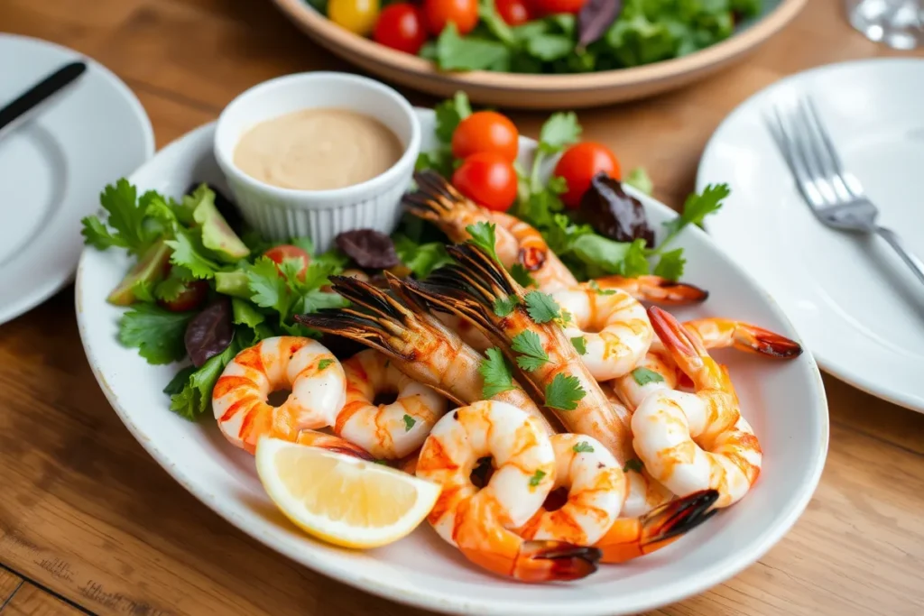 Plated grilled shrimp garnished with parsley and lemon served with salad and dipping sauce