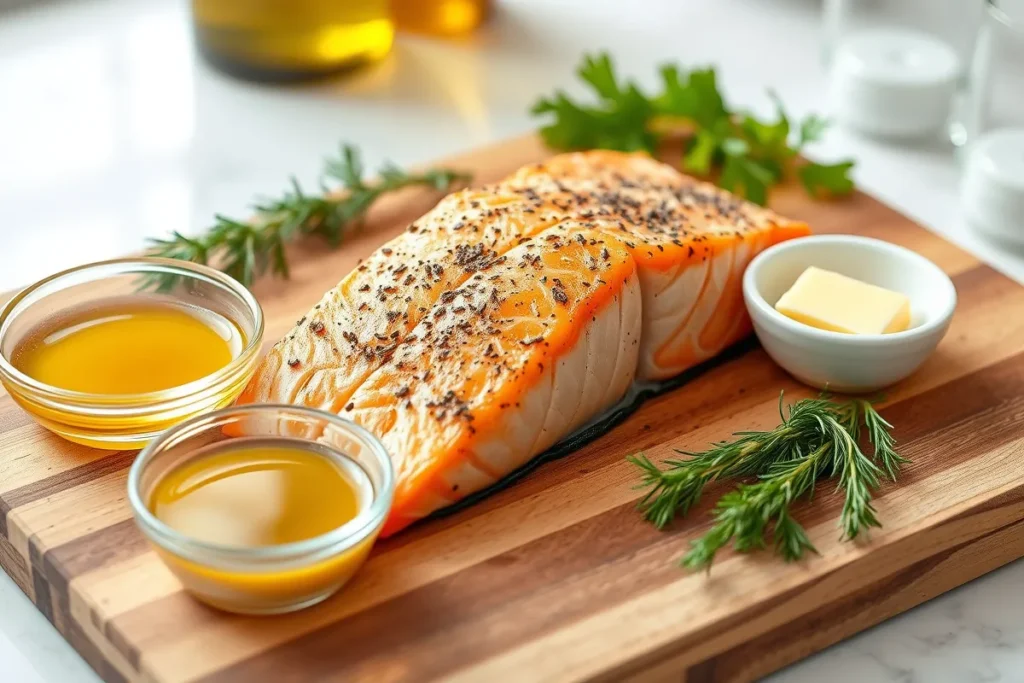 A cooked salmon fillet with butter, oil, and herbs on a wooden board.