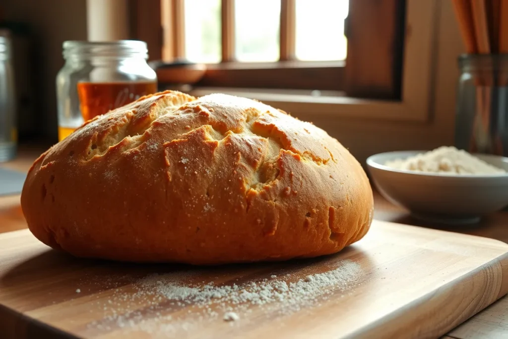 Freshly baked honey wheat bread loaf on a wooden board with honey and flour in the background.