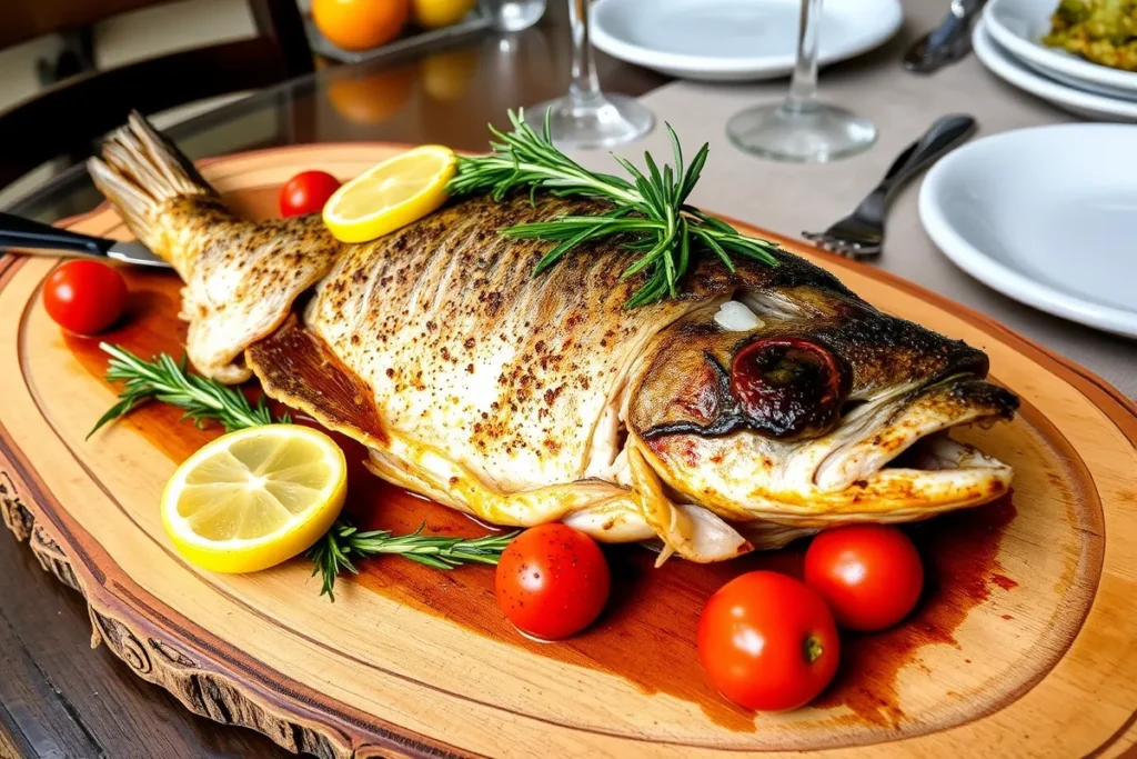 Whole roasted branzino with fresh rosemary and lemon slices on a rustic platter.