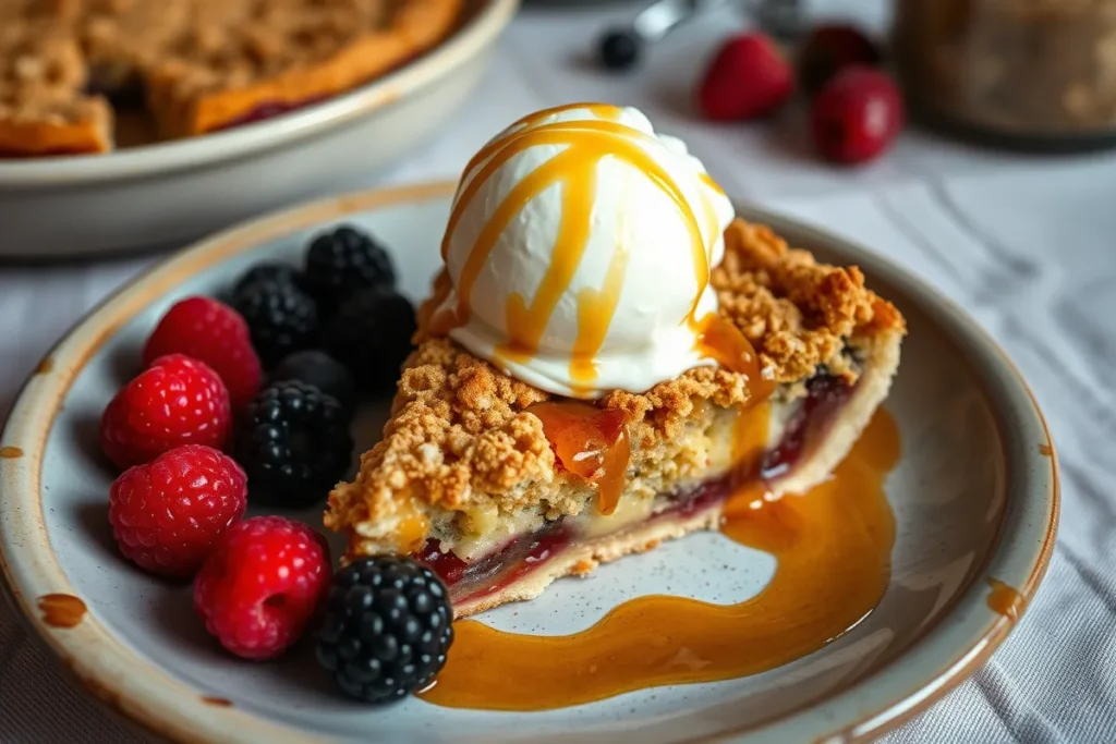 A slice of warm crumble topped with ice cream and caramel sauce