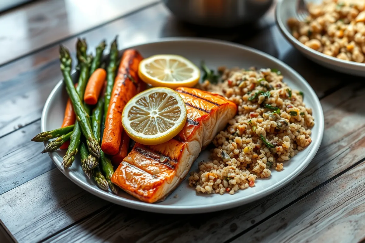 Grilled salmon served with roasted vegetables, quinoa, and lemon zest.