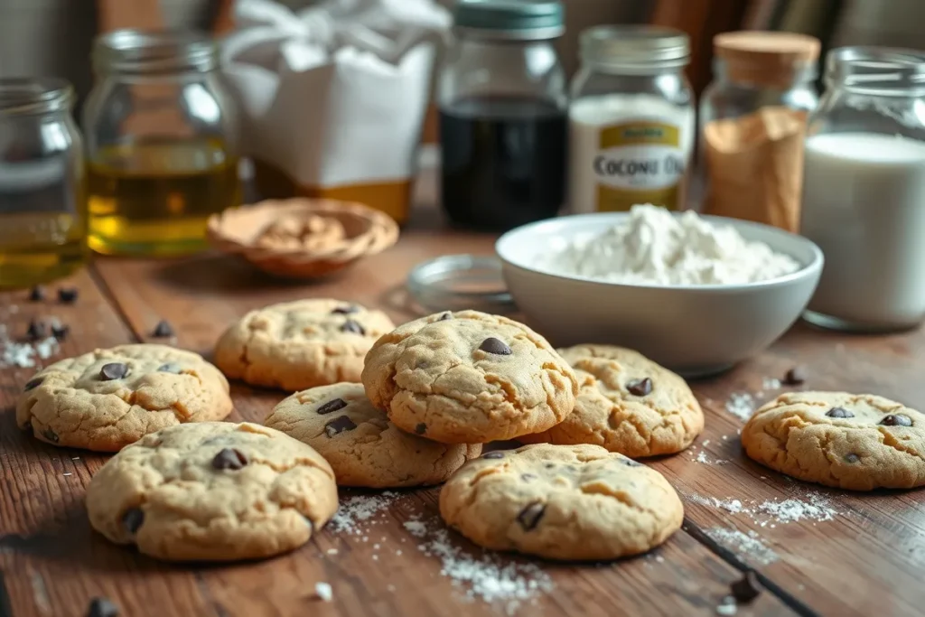 Freshly baked no butter cookies with ingredients on a rustic table.