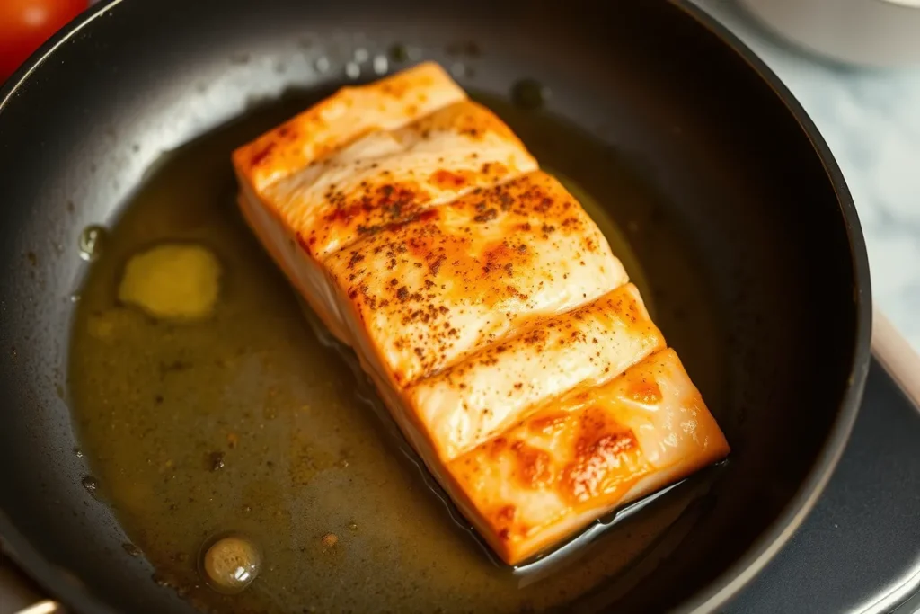 Salmon being pan-seared with butter and oil in a skillet.