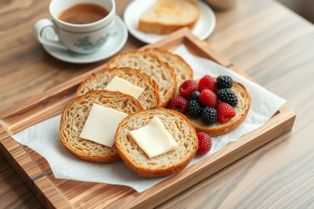 Slices of honey wheat bread with butter, jam, and berries on a breakfast table.
