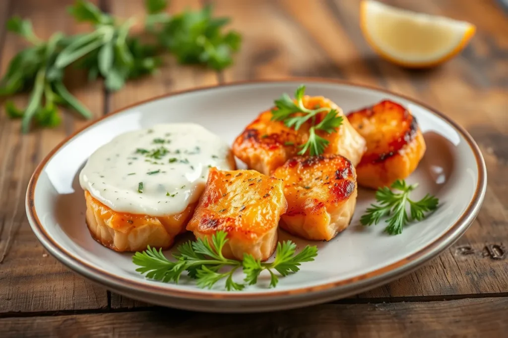 Golden-brown salmon bites with dill sauce and parsley garnish.